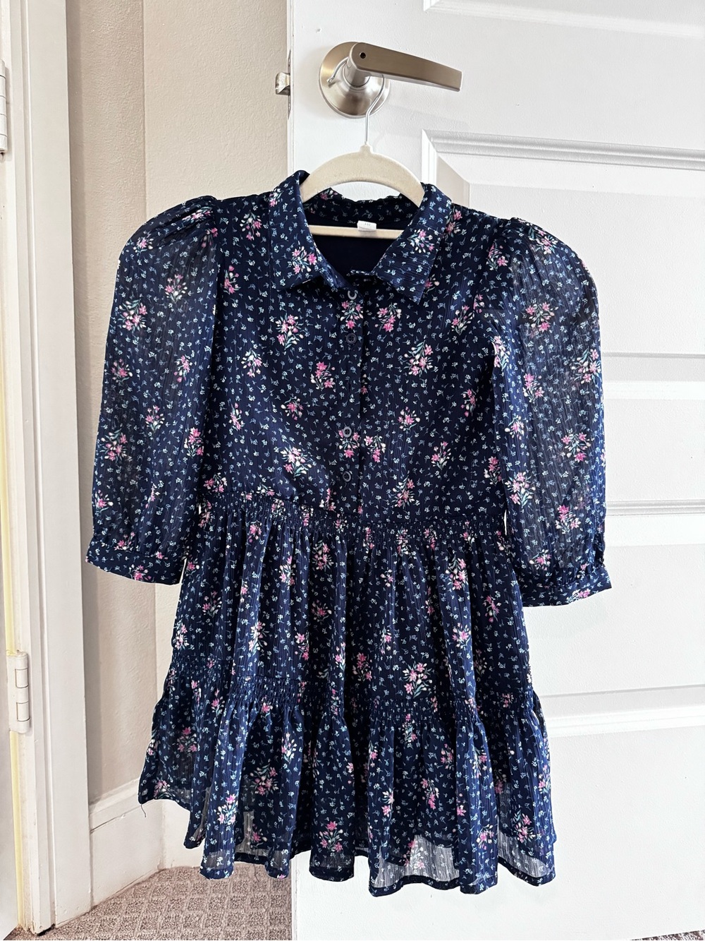 Girls' Navy Floral Button-Front Tiered Chiffon Dress